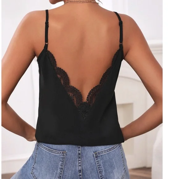 Solid Black Lace Backless Cami Tank top - Picture 1 of 4